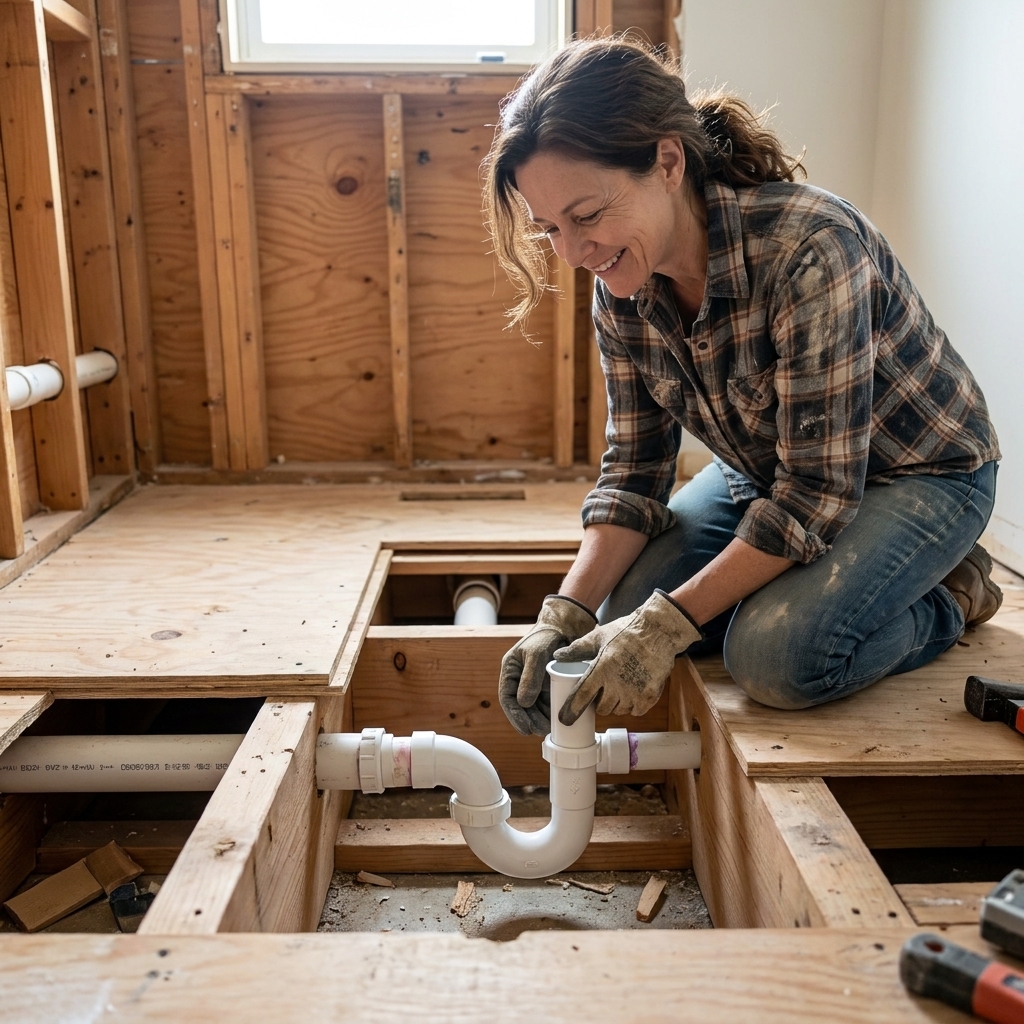 A 2 inch PVC shower P-trap installed between floor joists beneath a bathroom subfloor during rough plumbing