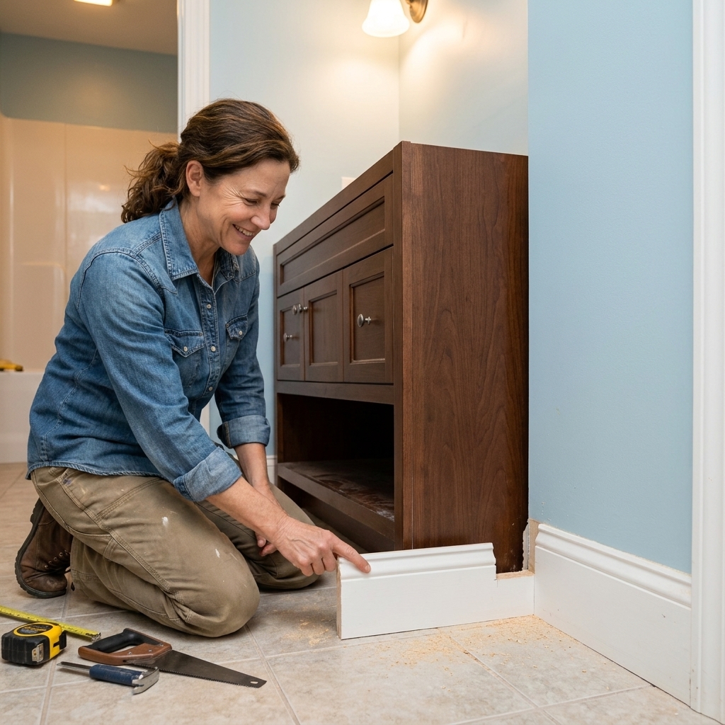 A bathroom baseboard partially cut and notched so a vanity can slide back flush to the wall