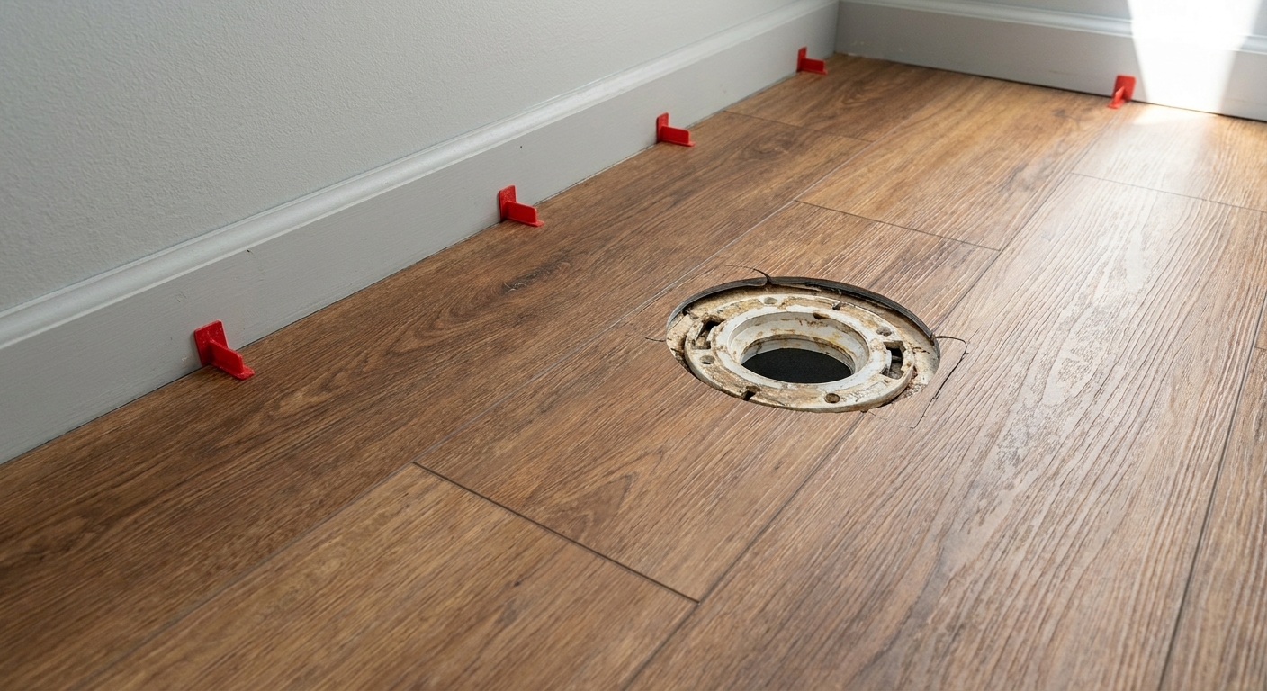 A bathroom floor with luxury vinyl planks installed up to a toilet flange opening, showing careful curved cuts and spacers near the wall