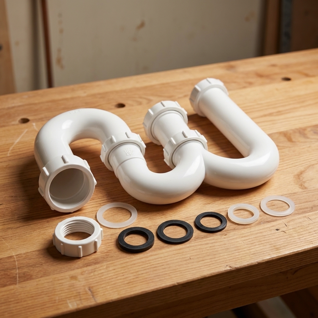 A bathroom sink P-trap kit with slip nuts and washers laid out on a work surface