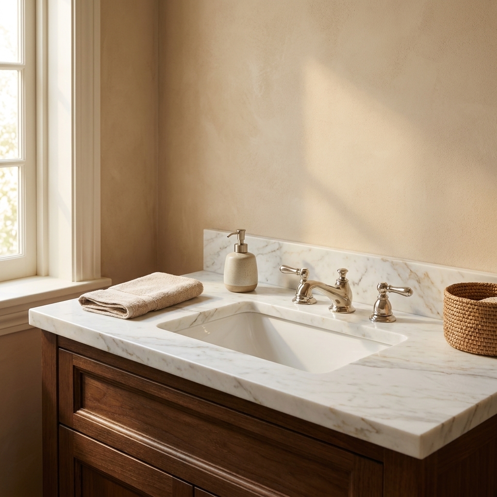 A bathroom vanity with a white marble countertop and undermount sink, with soft veining visible under warm natural light