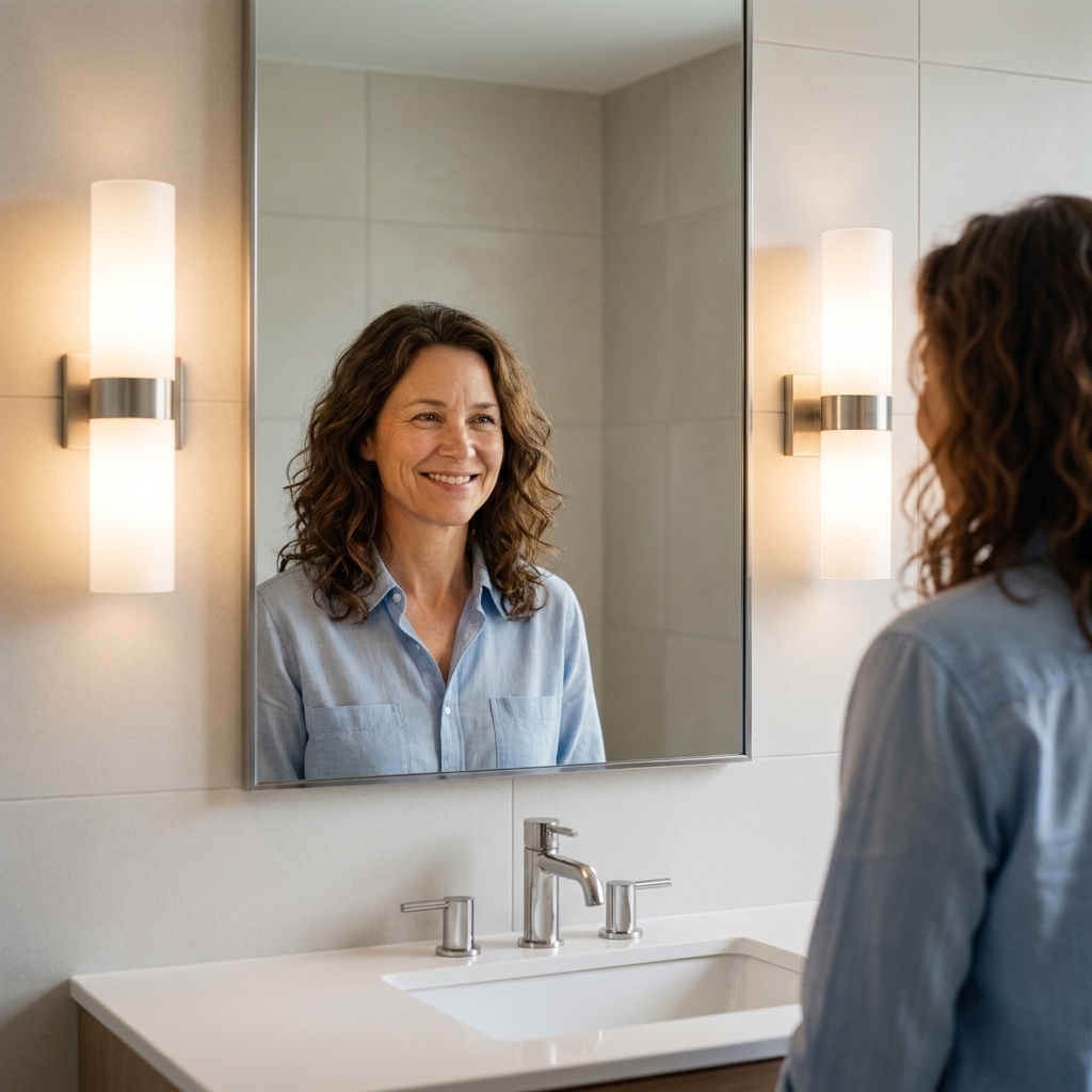 A bathroom vanity with two wall sconces flanking a mirror, casting even light on the sink area with a clean, modern look