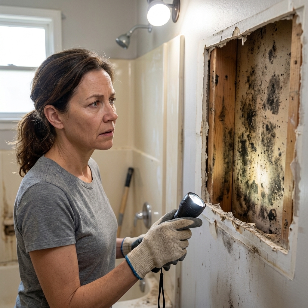 A bathroom wall opened during renovation showing dark mold staining on sheathing behind an old shower surround