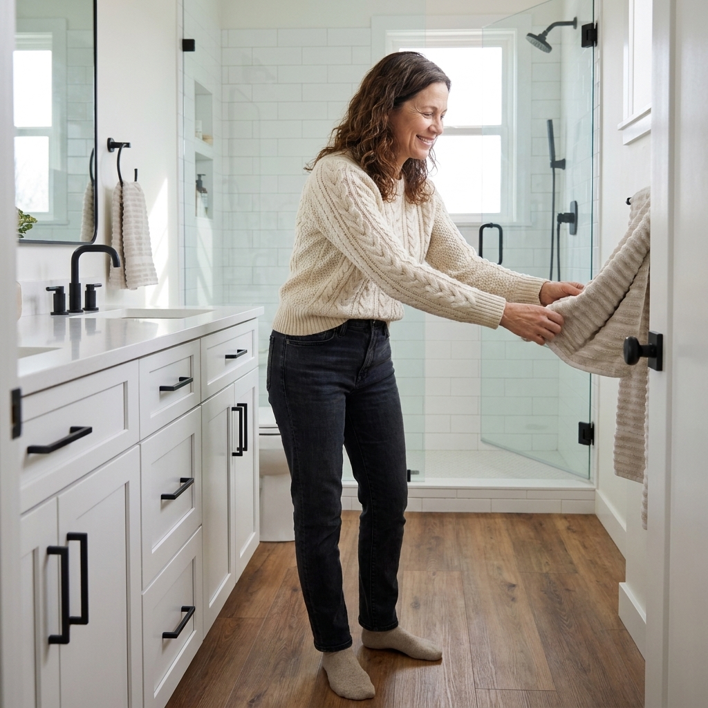 A bathroom with warm wood-look luxury vinyl plank flooring, a white vanity with black hardware, and a glass shower