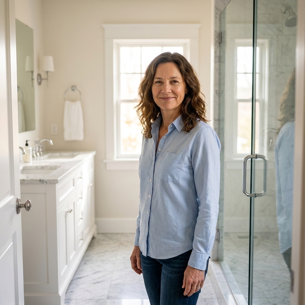 A bright bathroom with polished marble tile flooring, a white vanity, and a glass shower door, photographed in soft daylight