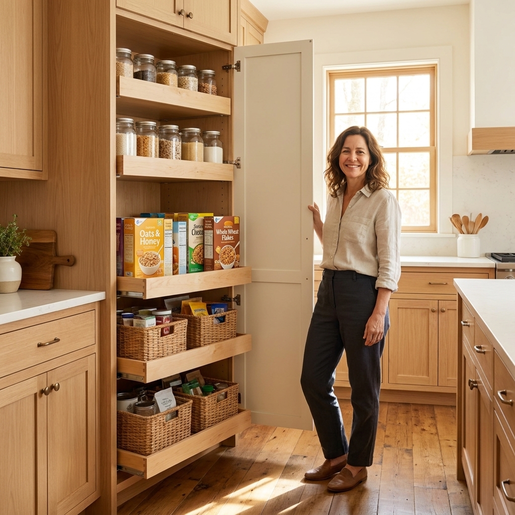 A bright kitchen with a tall pantry cabinet door open, showing pull-out shelves with jars, cereal boxes, and baskets arranged neatly