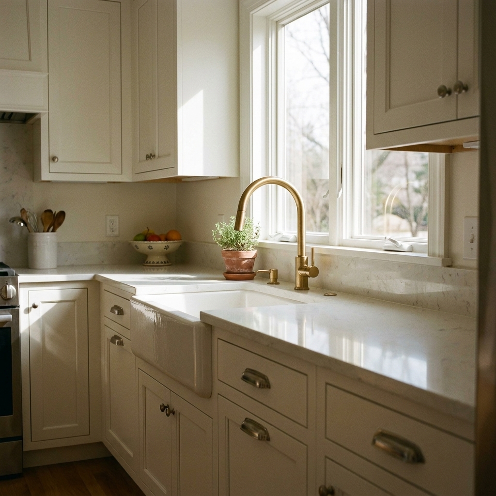 A bright kitchen with brushed nickel cabinet pulls, a brass faucet, and a white quartz countertop, photographed from a slight angle
