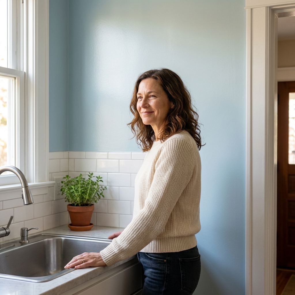 A bright kitchen with freshly painted satin-finish walls, white trim, and daylight reflecting softly across the wall near a sink