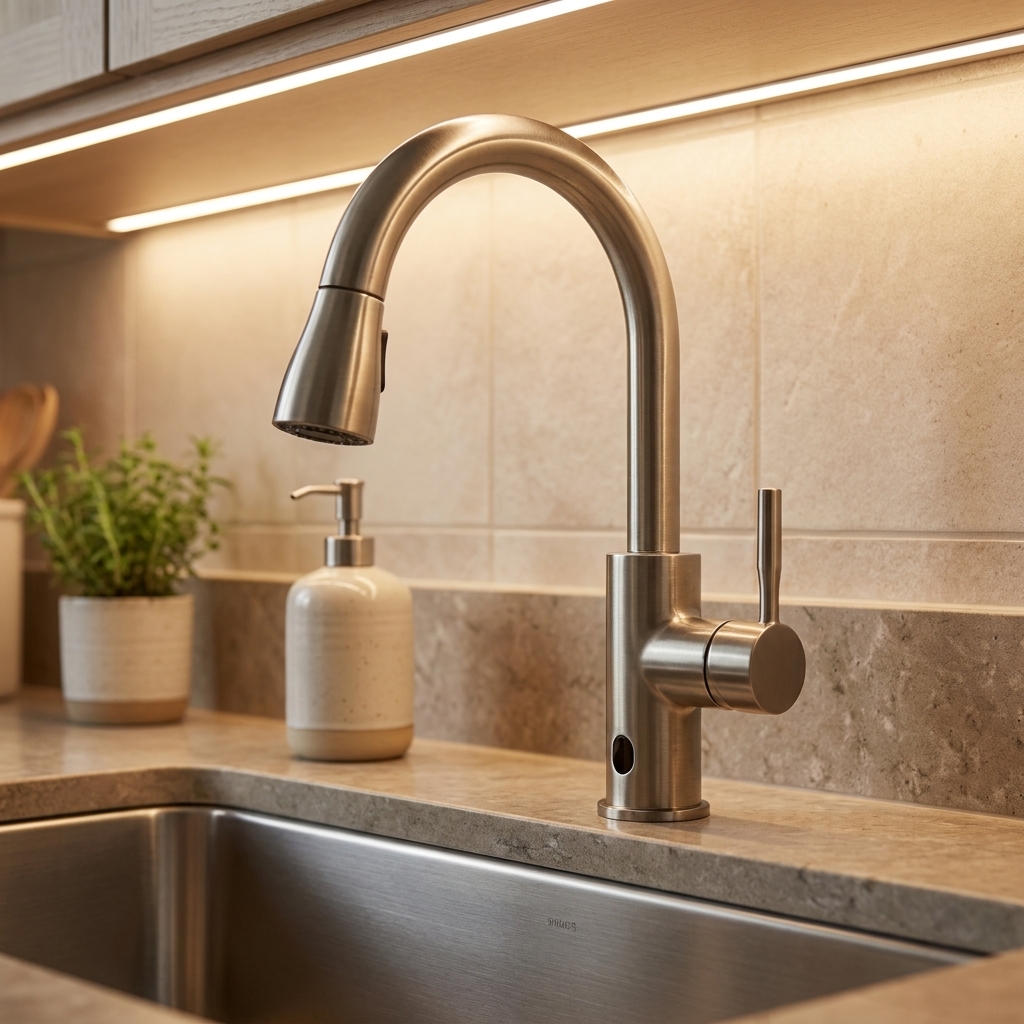 A brushed nickel pull-down kitchen faucet installed at a kitchen sink with a visible control handle and a subtle sensor area, photographed under cabinet lighting