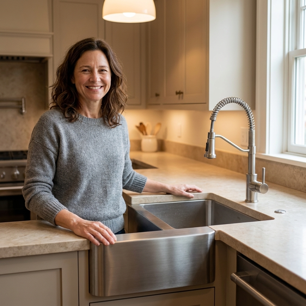 A brushed stainless steel apron-front farmhouse sink installed in a neutral kitchen with a pull-down faucet and stone countertops