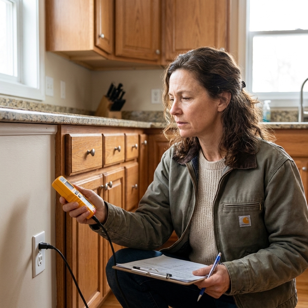 A building inspector in a residential kitchen testing an electrical outlet with a handheld tester.