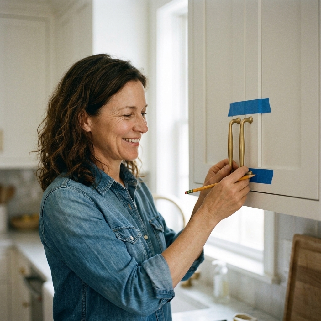 A cabinet door with painter’s tape applied where a new handle will be installed, with a pull held in place for a test fit
