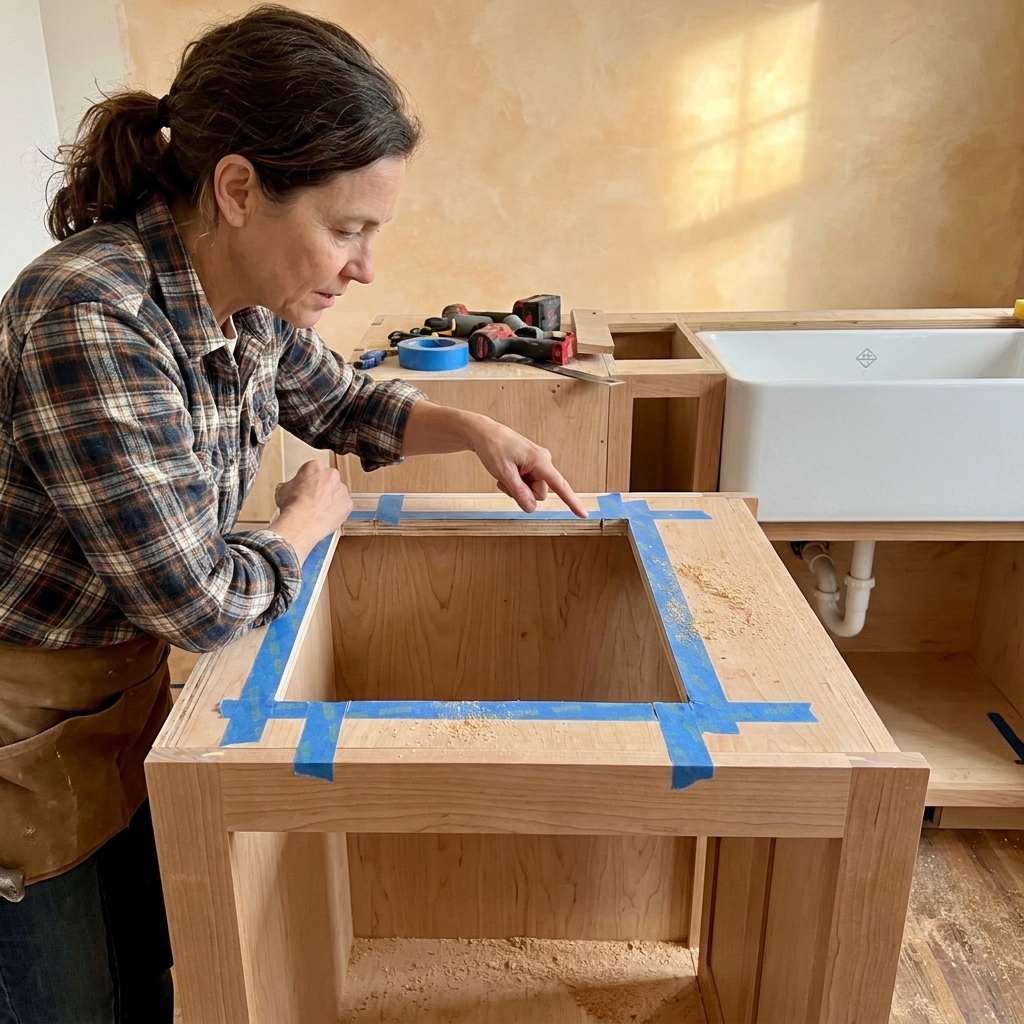 A cabinet face frame with a freshly cut rectangular opening sized for a white fireclay apron-front sink, showing clean saw cuts and painter's tape