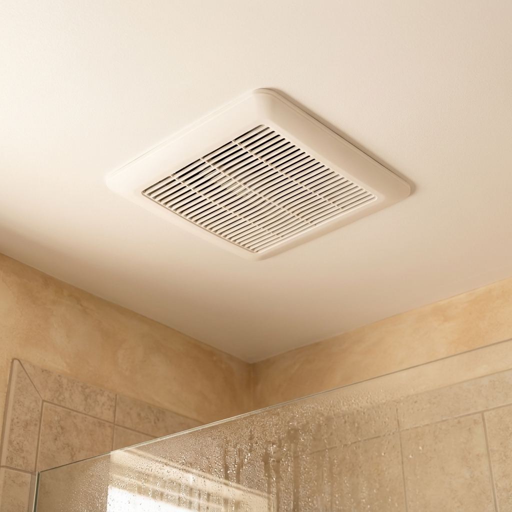 A ceiling-mounted bathroom exhaust fan grille in a clean white ceiling above a shower area