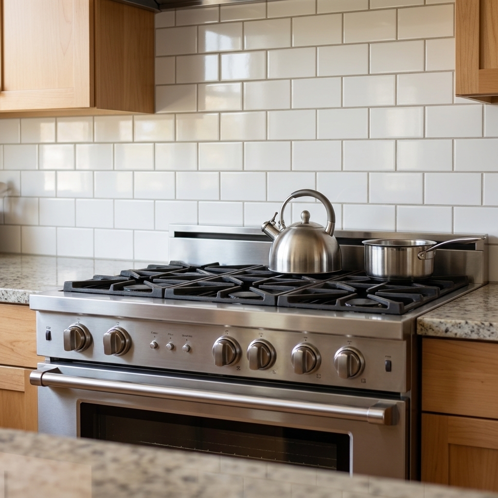 A clean kitchen backsplash made of white subway tile with light gray grout behind a stainless steel range