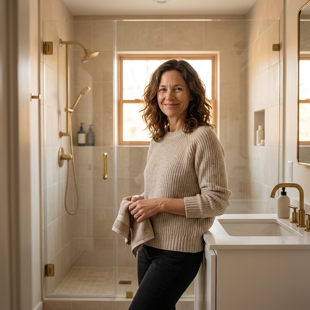 A clean neutral bathroom with a glass walk-in shower, a simple white vanity, and warm metal fixtures