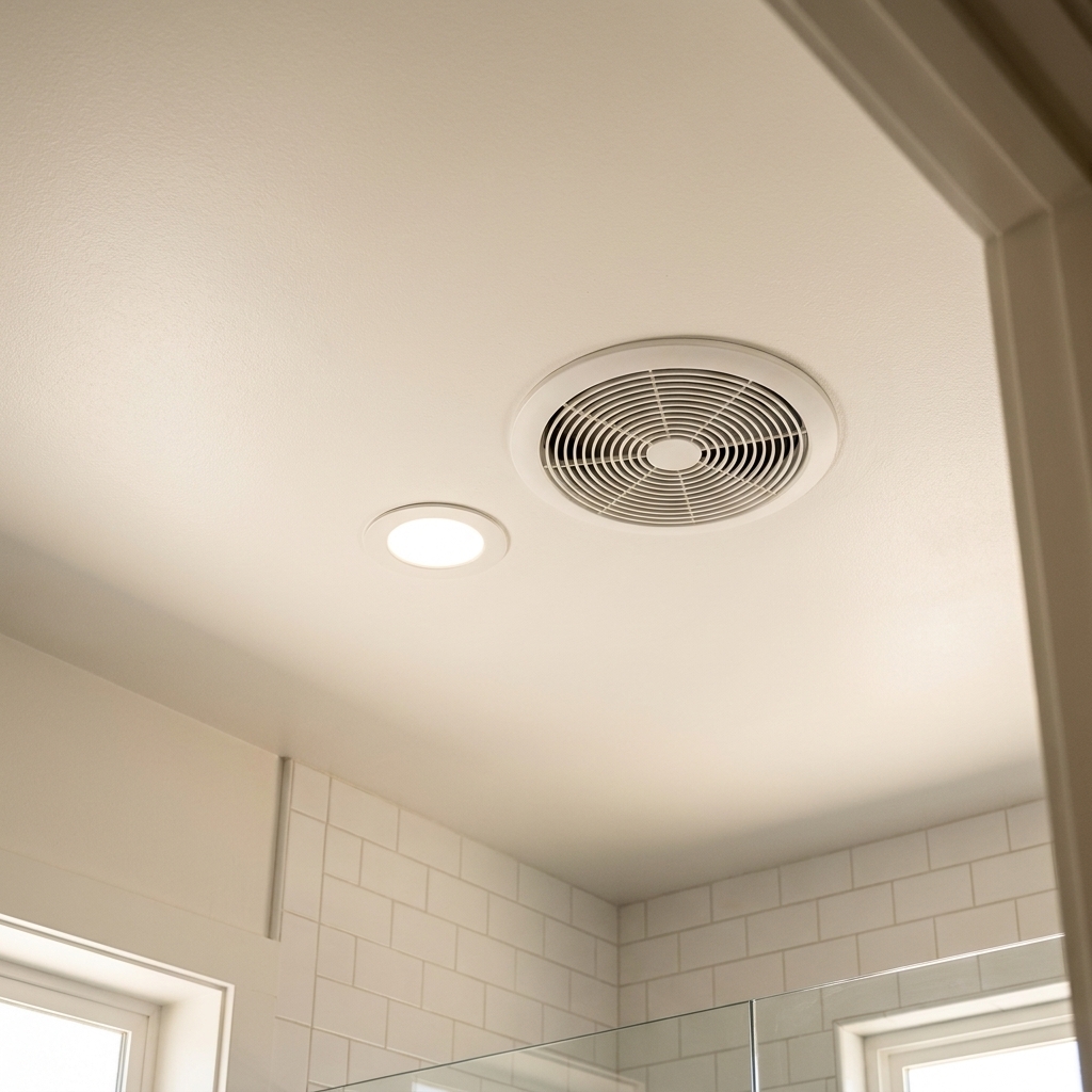 A clean white bathroom ceiling with a modern exhaust fan grille near a recessed light above a shower