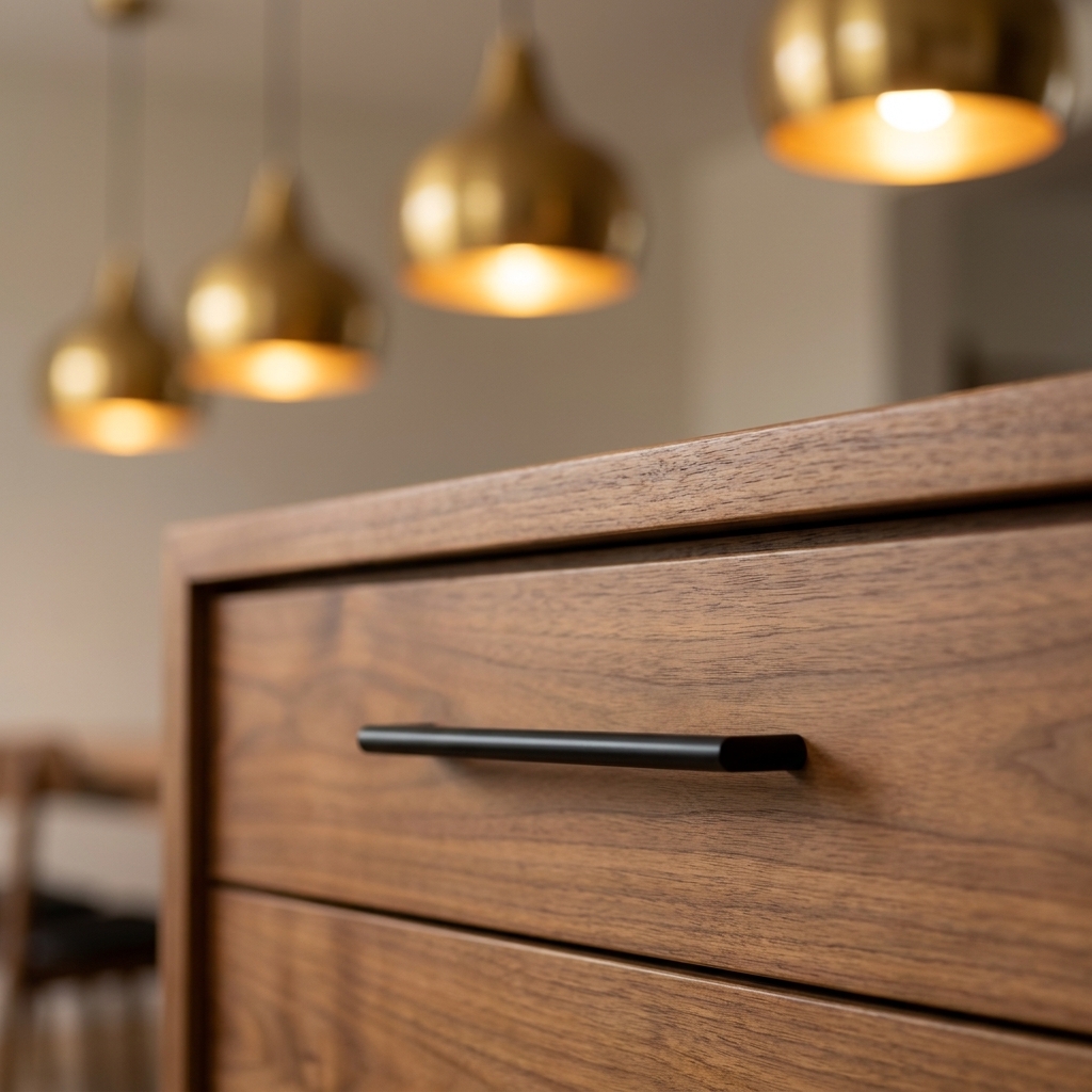 A close-up of a kitchen island drawer with a matte black pull, with warm brass pendant lights softly blurred in the background