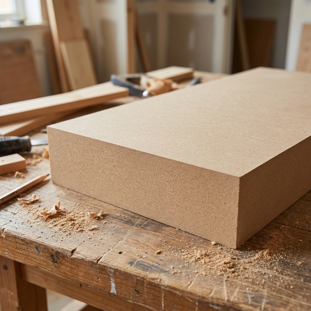 A close-up photo of a cut MDF panel showing a smooth, uniform interior texture on a workbench in a renovation setting