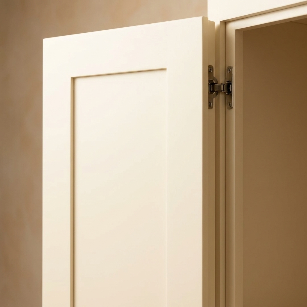 A close-up photo of a painted shaker-style cabinet door with a crisp profile and smooth finish, mounted with concealed hinges
