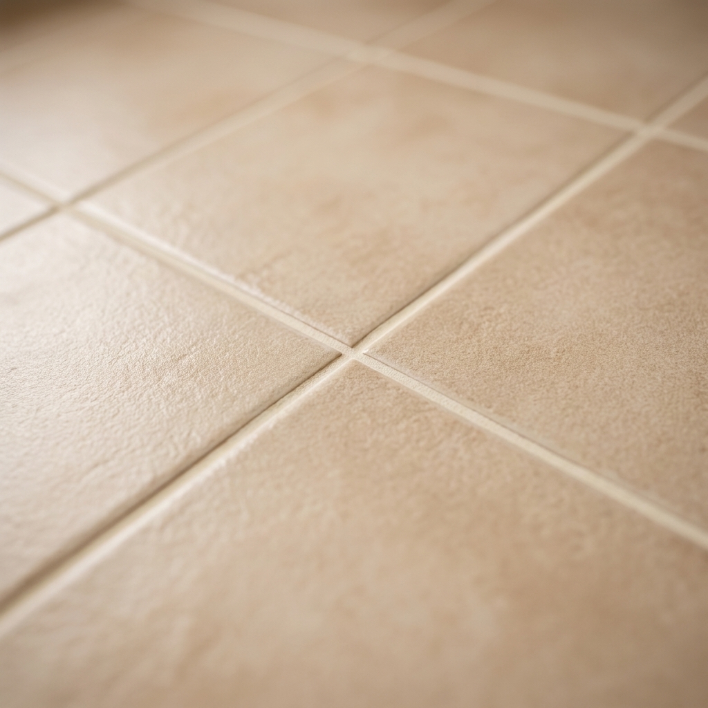 A close-up photograph of a bathroom tile floor showing clean grout joints and a slightly textured matte tile surface