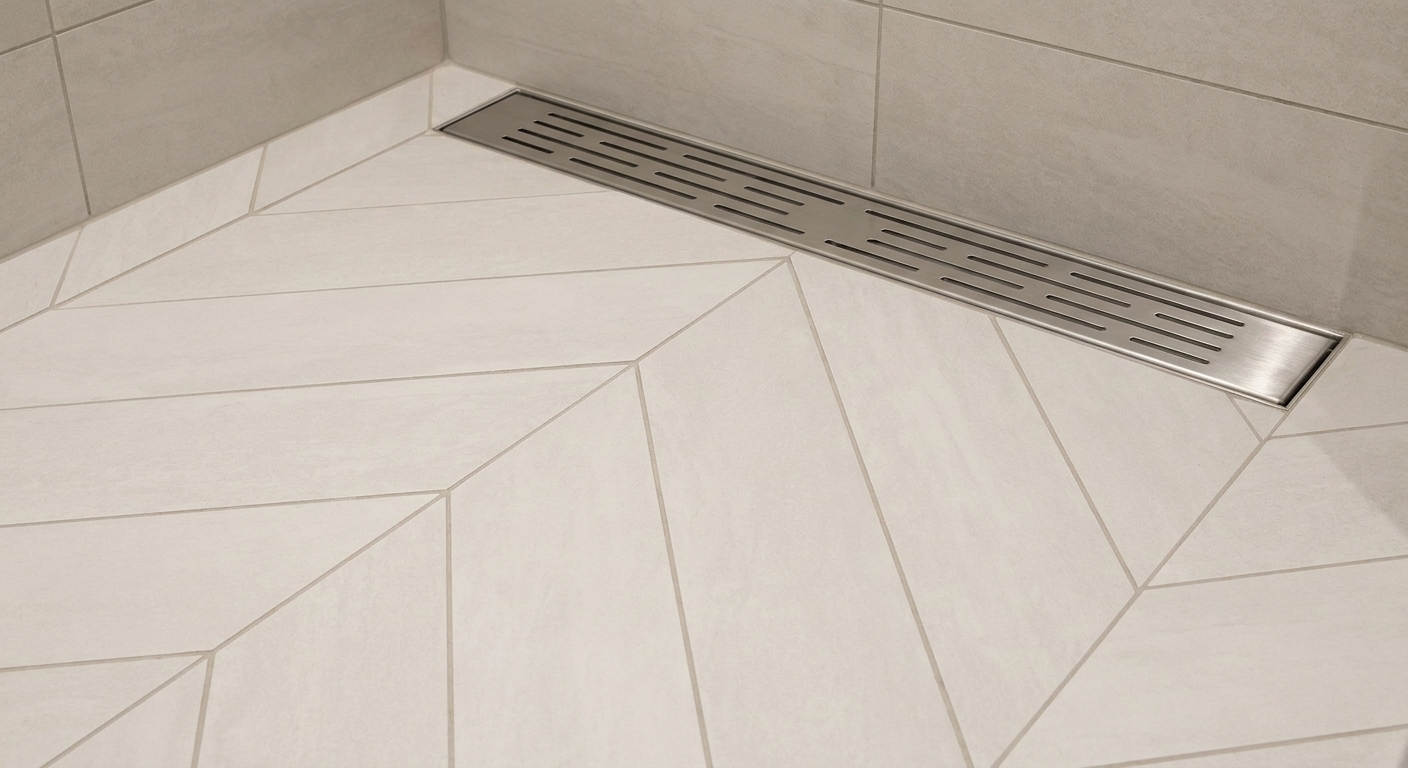A close view of a curbless shower floor with large porcelain tiles sloping gently toward a stainless linear drain along the back wall