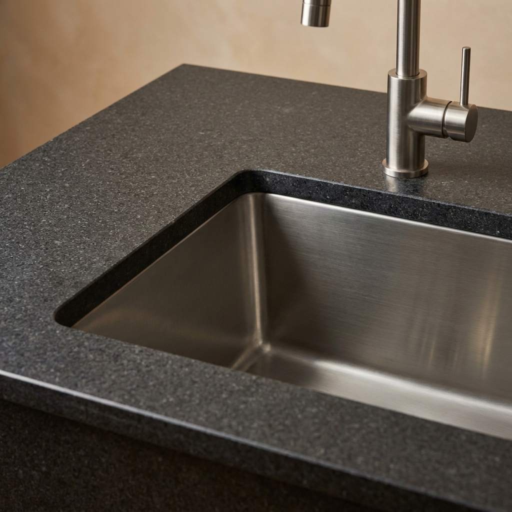 A close view of a dark granite countertop with an undermount stainless steel sink and a simple polished edge
