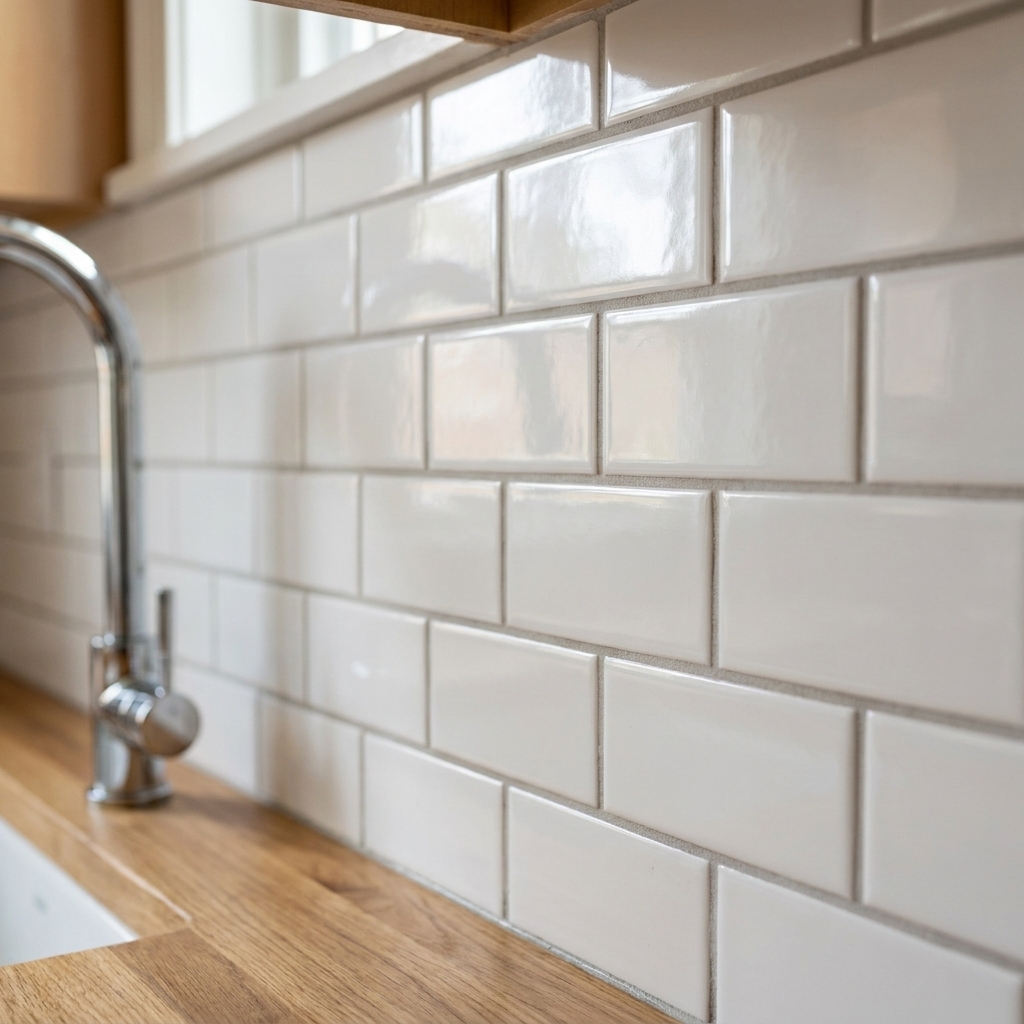 A close view of a freshly installed white subway tile backsplash with light gray grout in a real kitchen