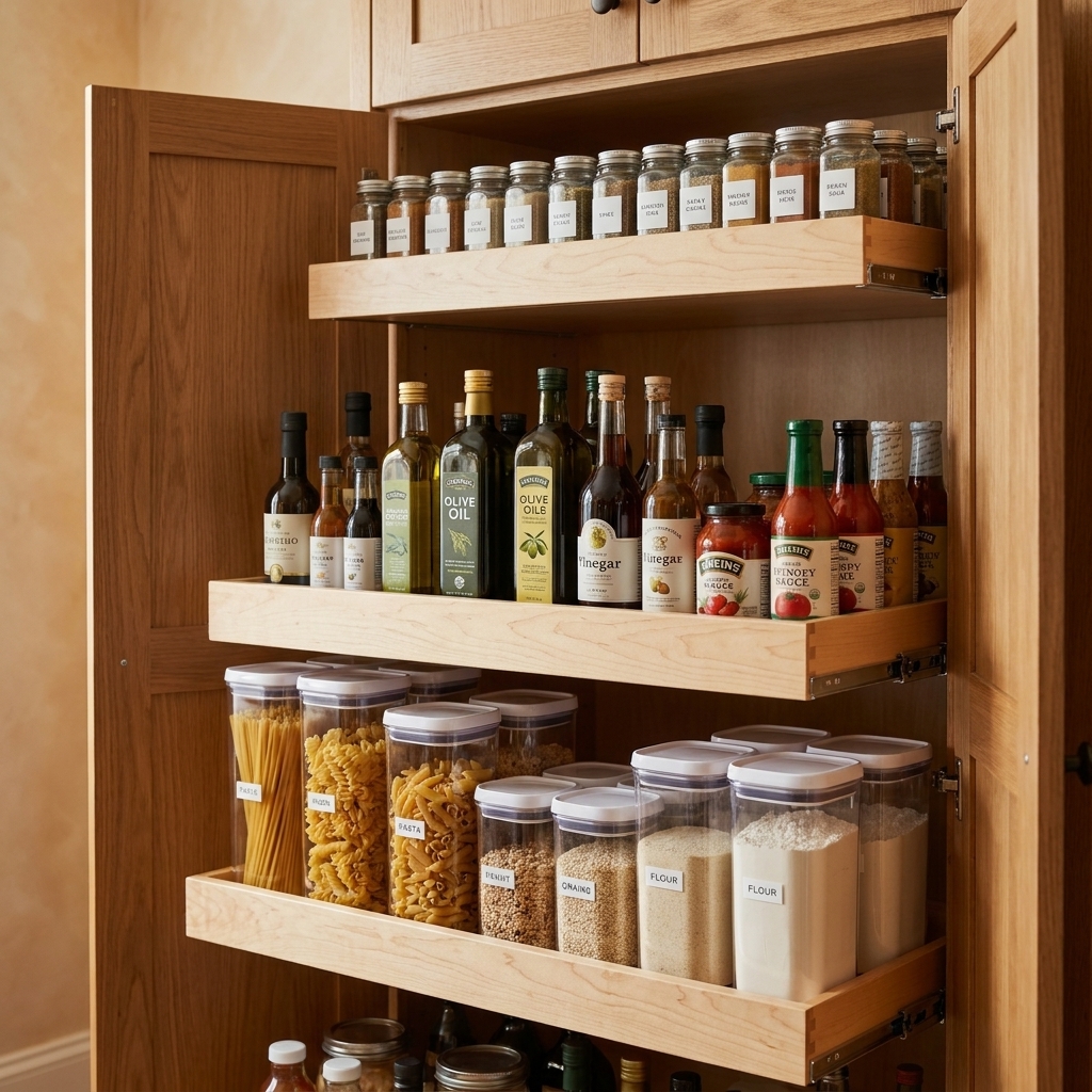 A close view of a tall pantry cabinet with multiple pull-out shelves holding spices, oils, and dry goods in organized containers