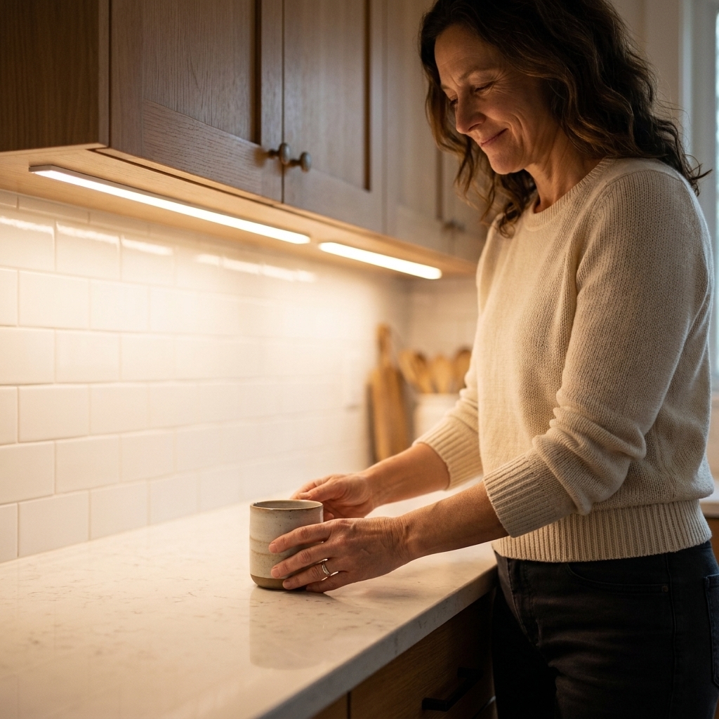 A close view of warm under-cabinet LED strip lighting evenly illuminating a kitchen countertop and tile backsplash