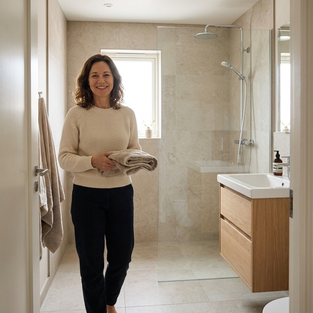 A compact bathroom with a curbless shower area, a fixed glass panel, light stone-look porcelain tile, and a wall-hung vanity with storage