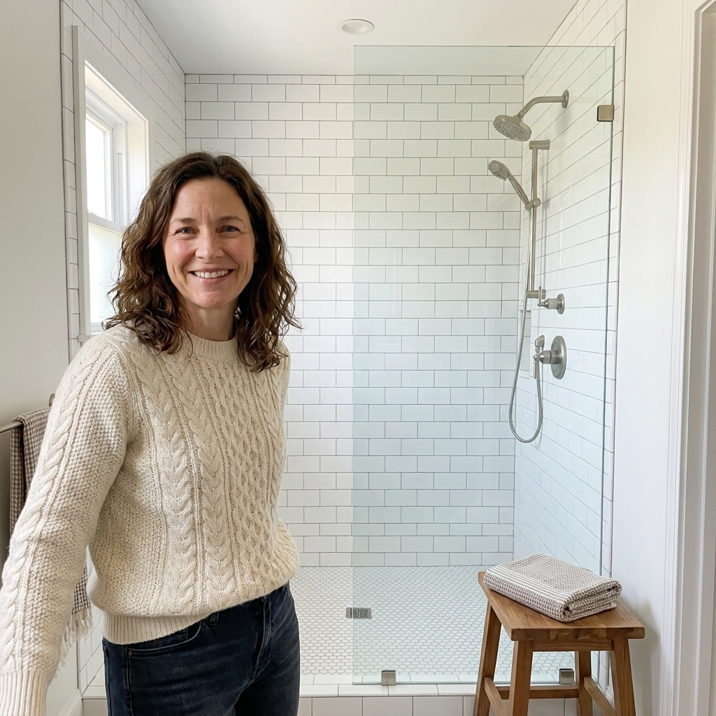 A compact hall bathroom with a walk-in shower replacing a tub, featuring a fixed clear glass panel, white subway tile to the ceiling, and a small hex tile shower floor