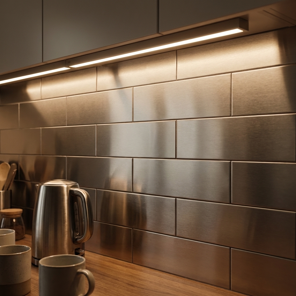 A contemporary kitchen backsplash made from stainless steel tiles with a brushed finish and subtle reflections under warm under-cabinet lighting