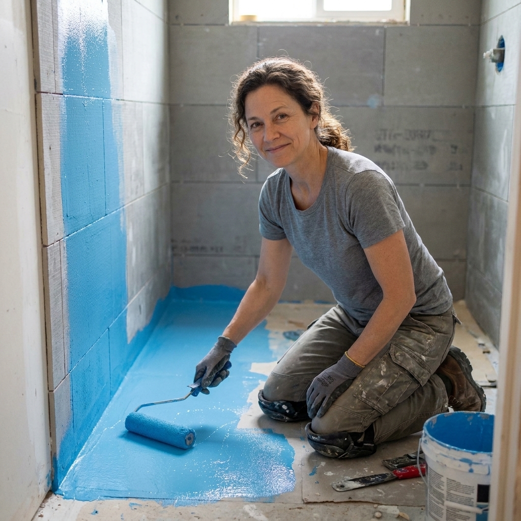 A contractor applying a waterproofing membrane in a shower area over tile backer board.