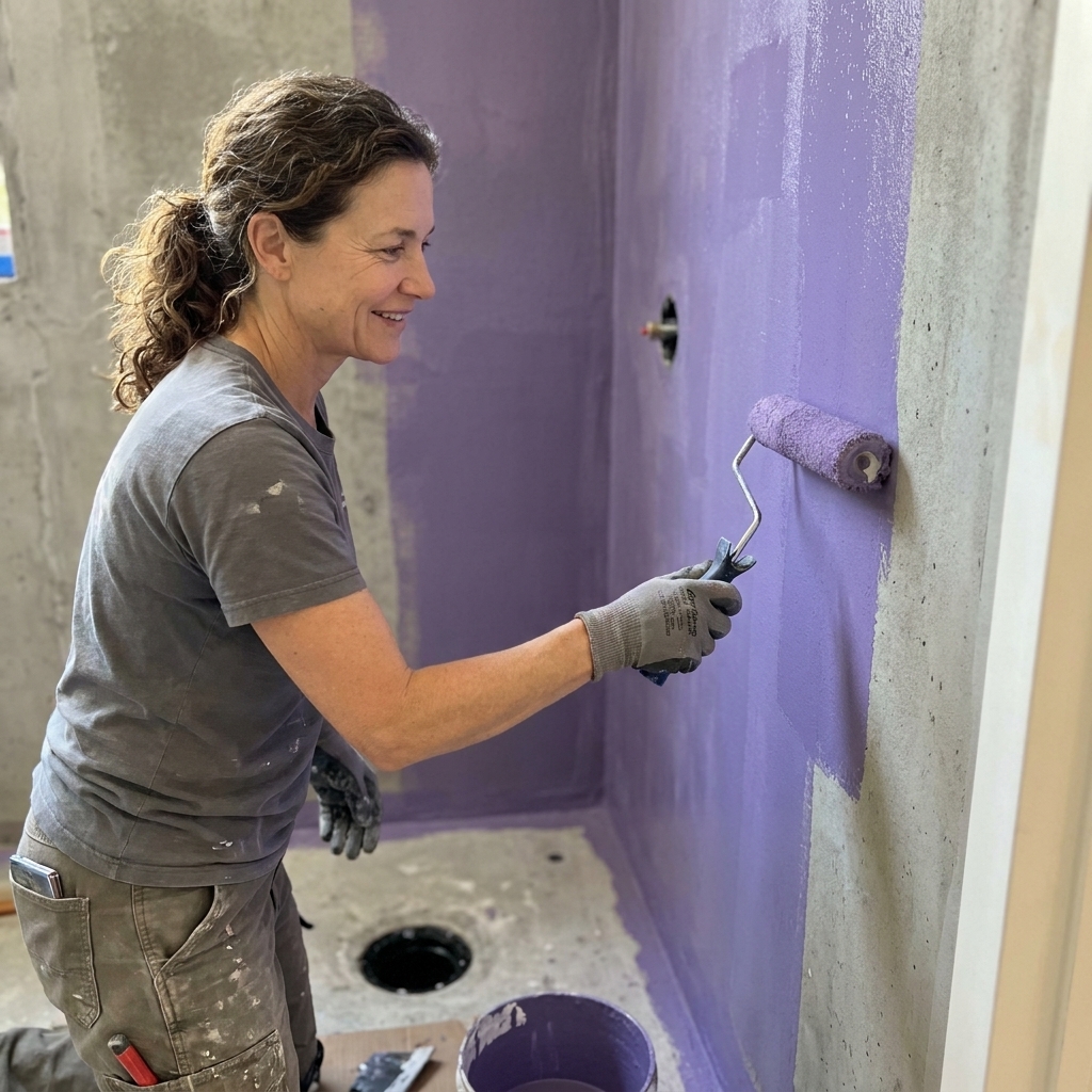 A contractor applying waterproofing membrane on a shower wall with a roller, with a drain opening visible at the shower floor