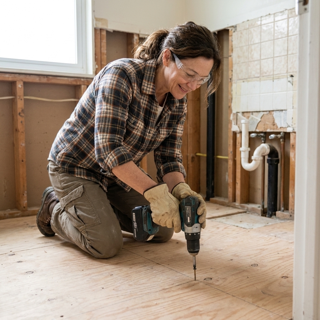 A contractor installing deck screws into a bathroom subfloor along joist lines with a drill driver during a remodel