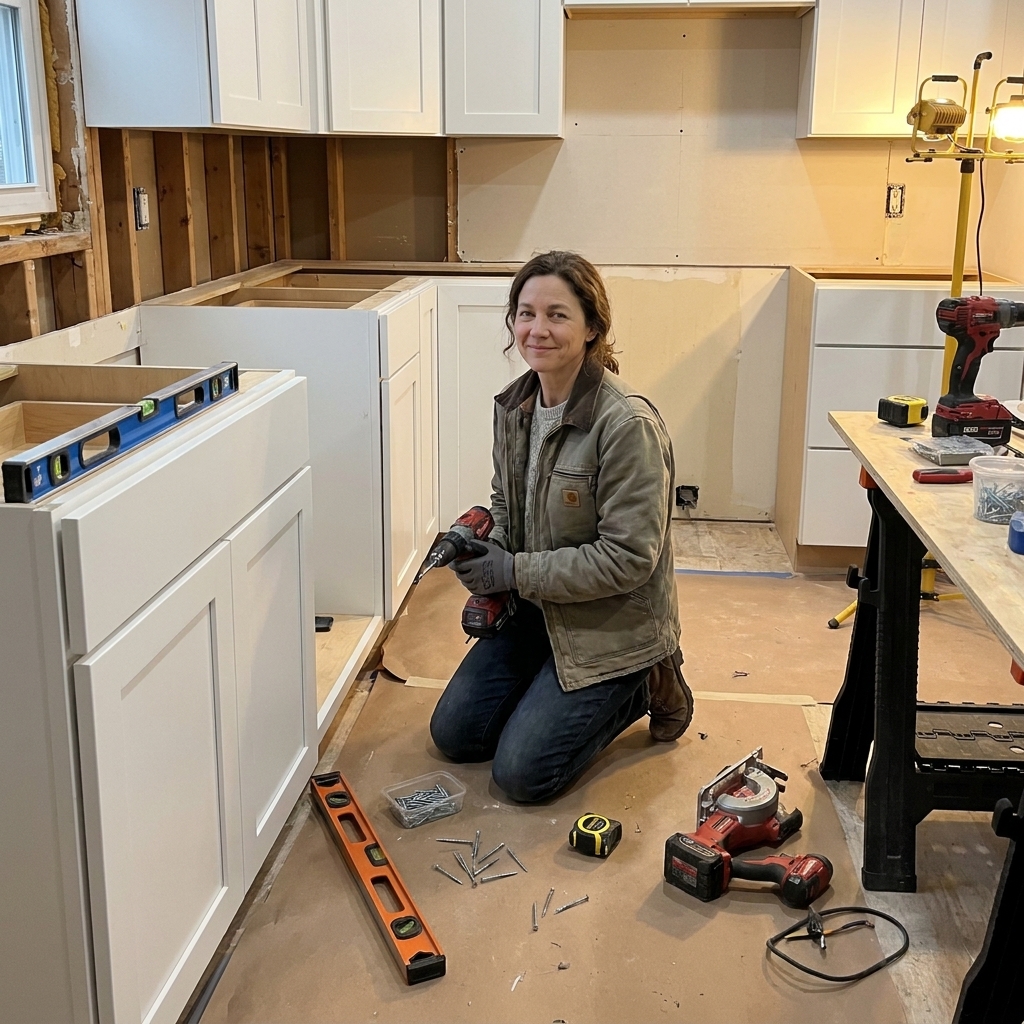 A contractor installing shaker-style base cabinets in a real kitchen during a renovation, with tools and protective floor covering visible