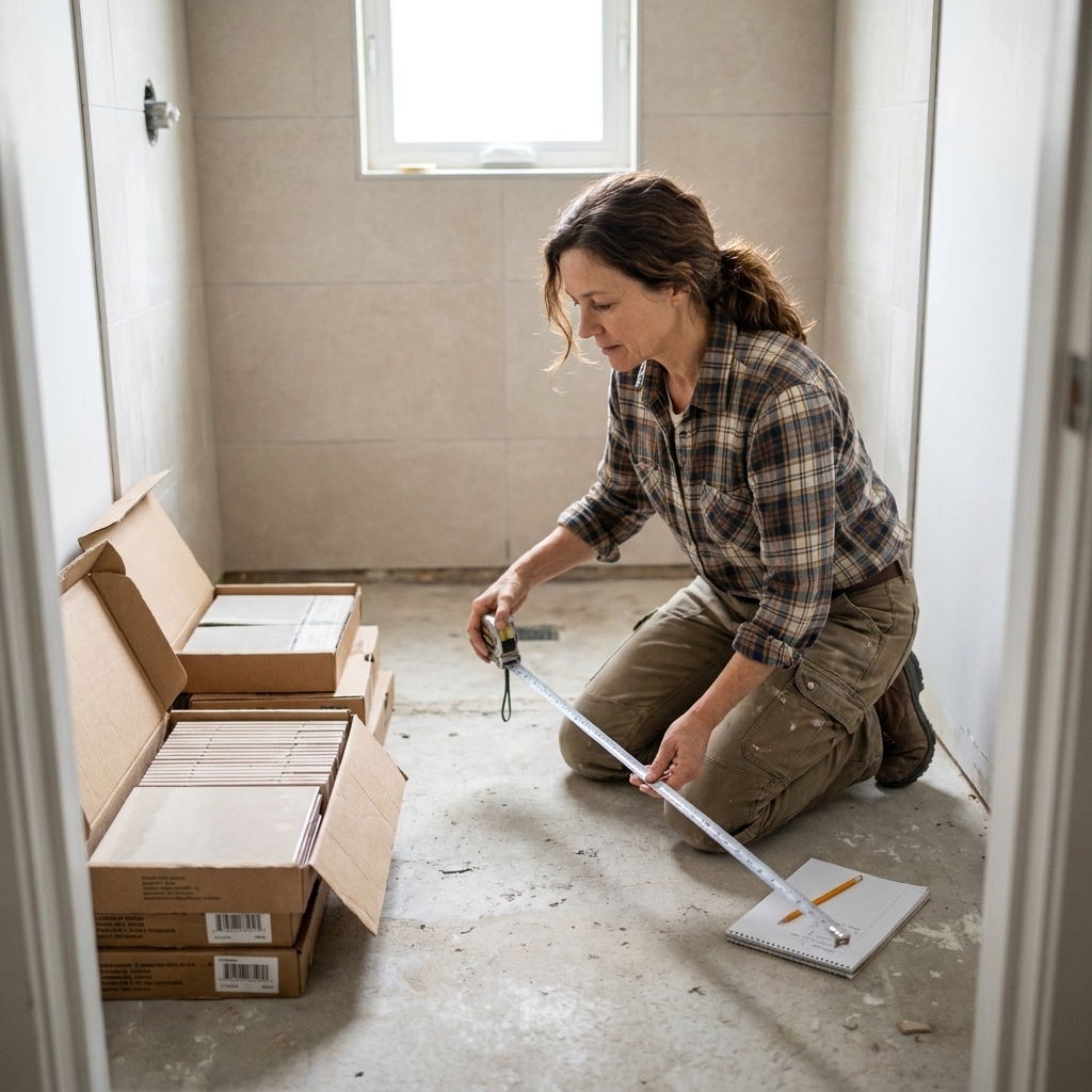 A contractor measuring a small bathroom floor with a tape measure while tile boxes and a notepad sit nearby