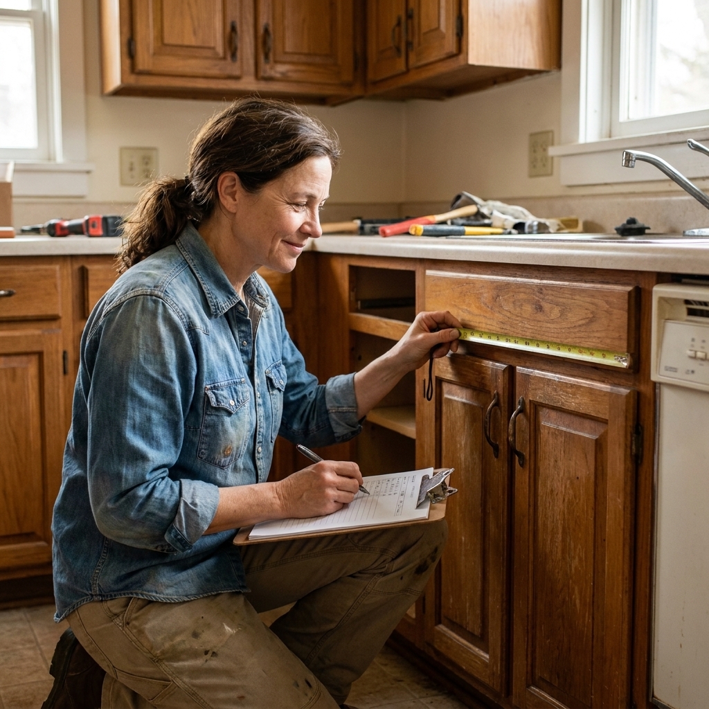 A contractor measuring existing kitchen cabinets with a tape measure during a renovation planning visit