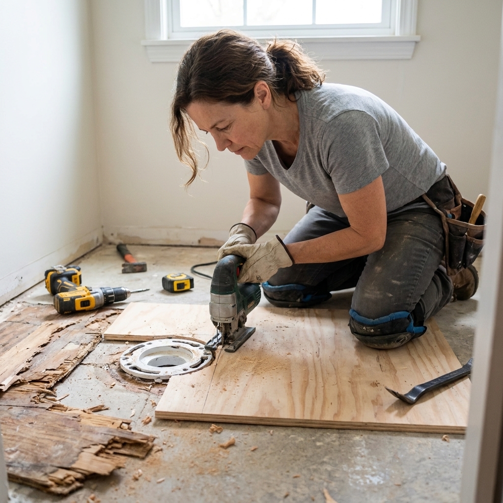 A contractor replacing damaged bathroom subfloor plywood around a toilet drain opening during a remodel