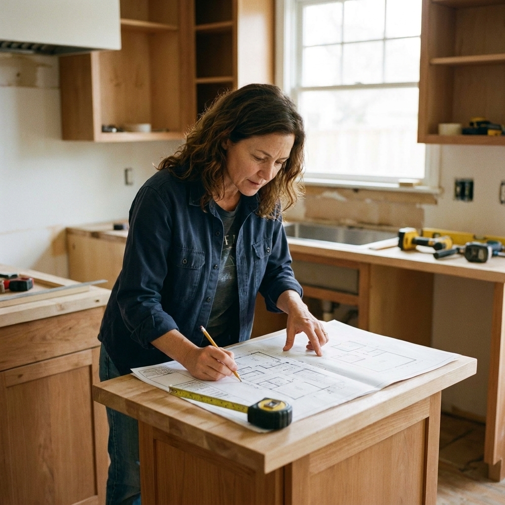 A contractor reviewing printed remodel plans at a kitchen island with a tape measure nearby.