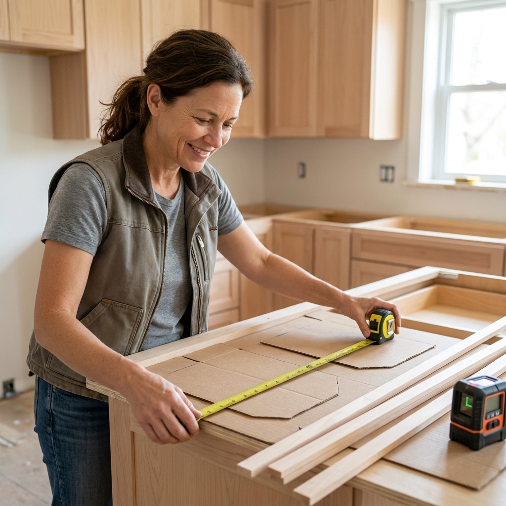 A countertop fabricator measuring and templating countertops over newly installed kitchen cabinets