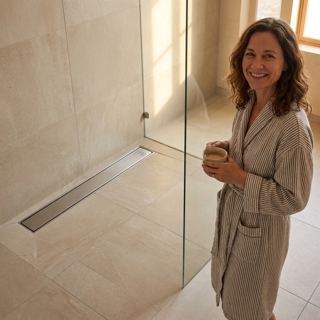 A curbless shower floor with large porcelain tiles sloped to a stainless linear drain, with a frameless fixed glass panel nearby