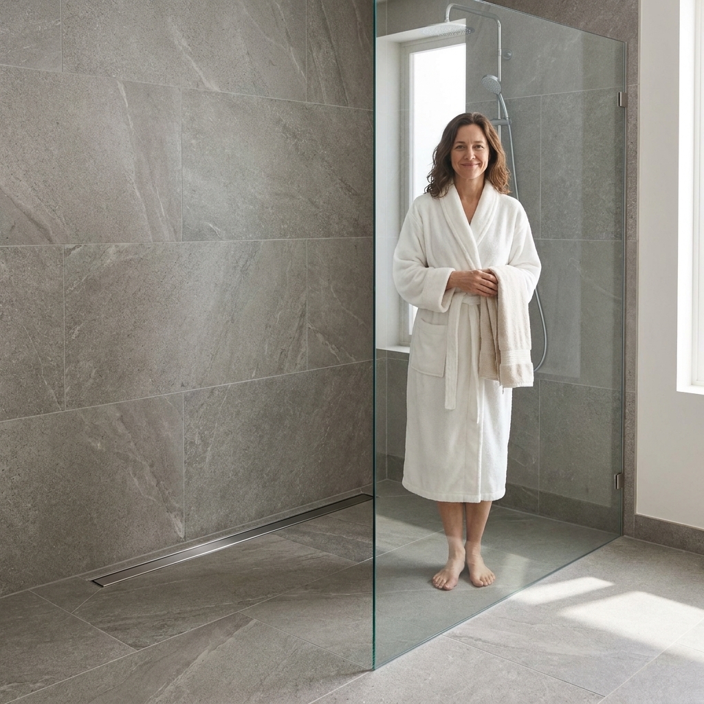 A curbless shower with a single fixed frameless glass panel, large-format tile floor, and a linear drain near the back wall