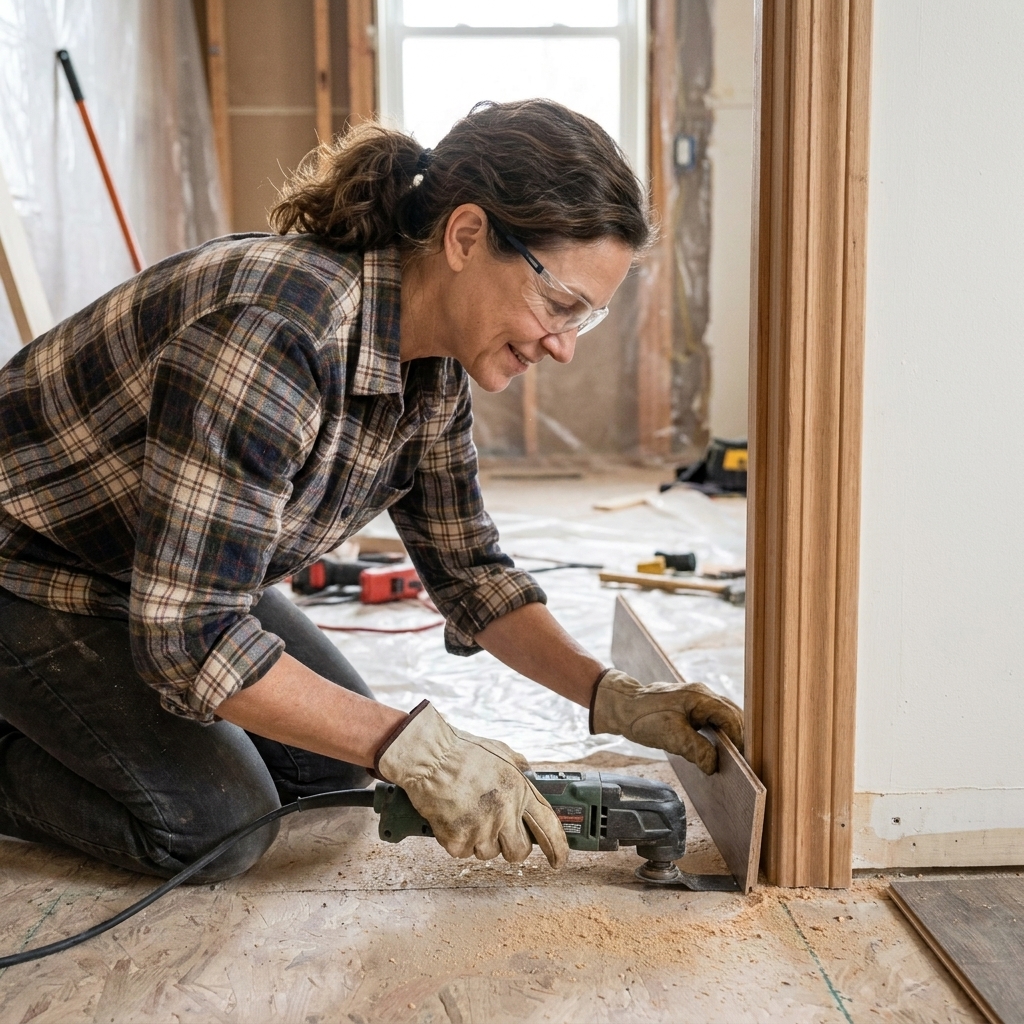A door jamb being undercut with an oscillating multi-tool while a scrap plank is held nearby as a height reference, renovation setting