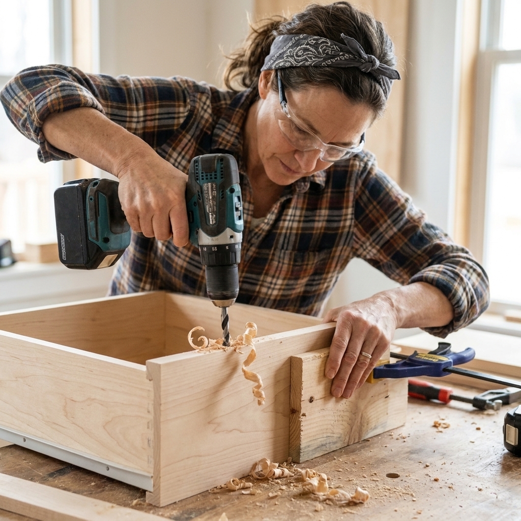 A drill boring a hardware hole through a wooden drawer front while a scrap wood backing block is held behind to prevent splintering