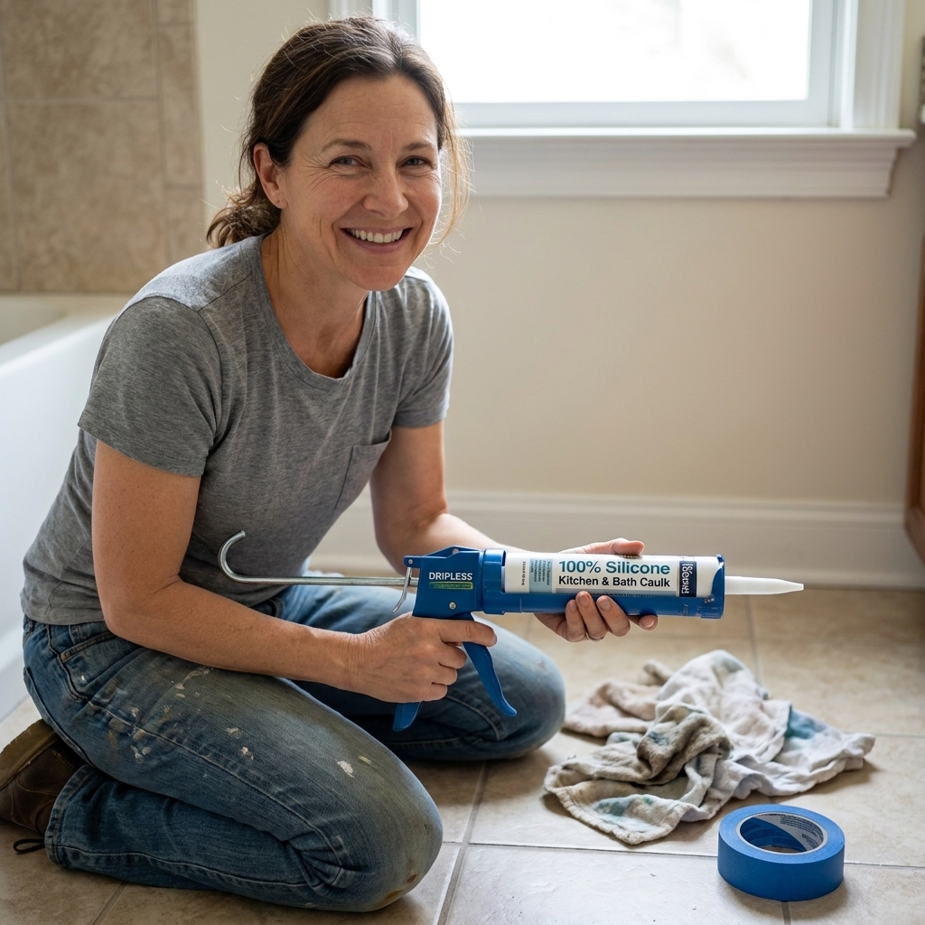 A dripless caulk gun holding a tube of 100% silicone kitchen and bath caulk on a bathroom floor next to rags and painter’s tape