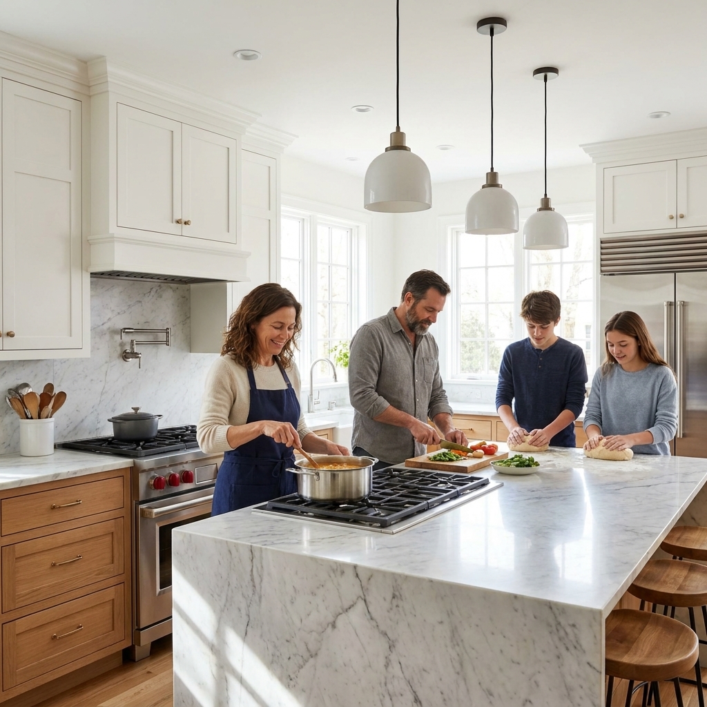 A family cooking together in a bright renovated kitchen with a large island, pendant lights, and a mix of drawers and cabinets