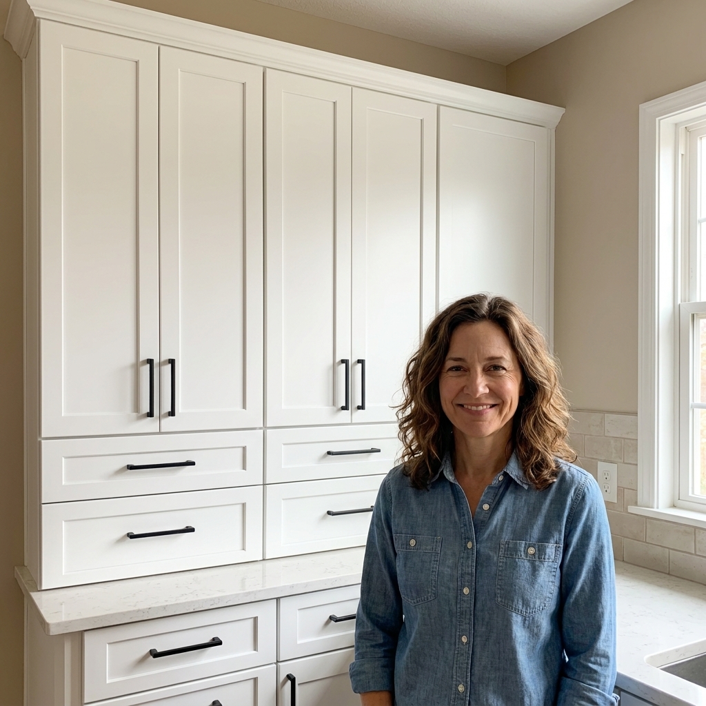 A finished kitchen cabinet run with evenly aligned matte black bar pulls installed on white shaker doors and drawers