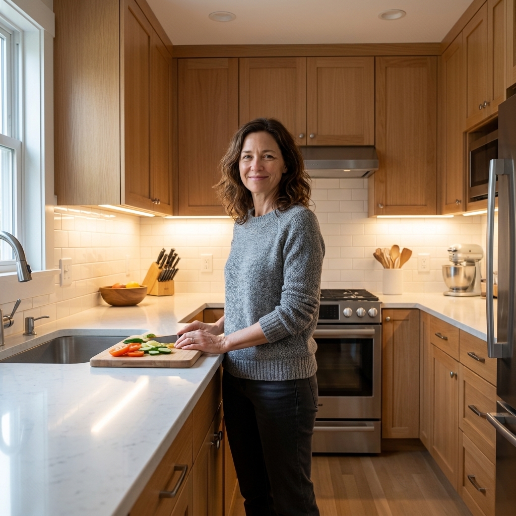 A galley kitchen countertop illuminated by continuous under-cabinet LED lighting, highlighting a clean backsplash and uncluttered prep area
